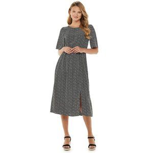 Citrus & Lemon Womens Elbow Sleeve Print Midi Dress Size M Black White Elastic W